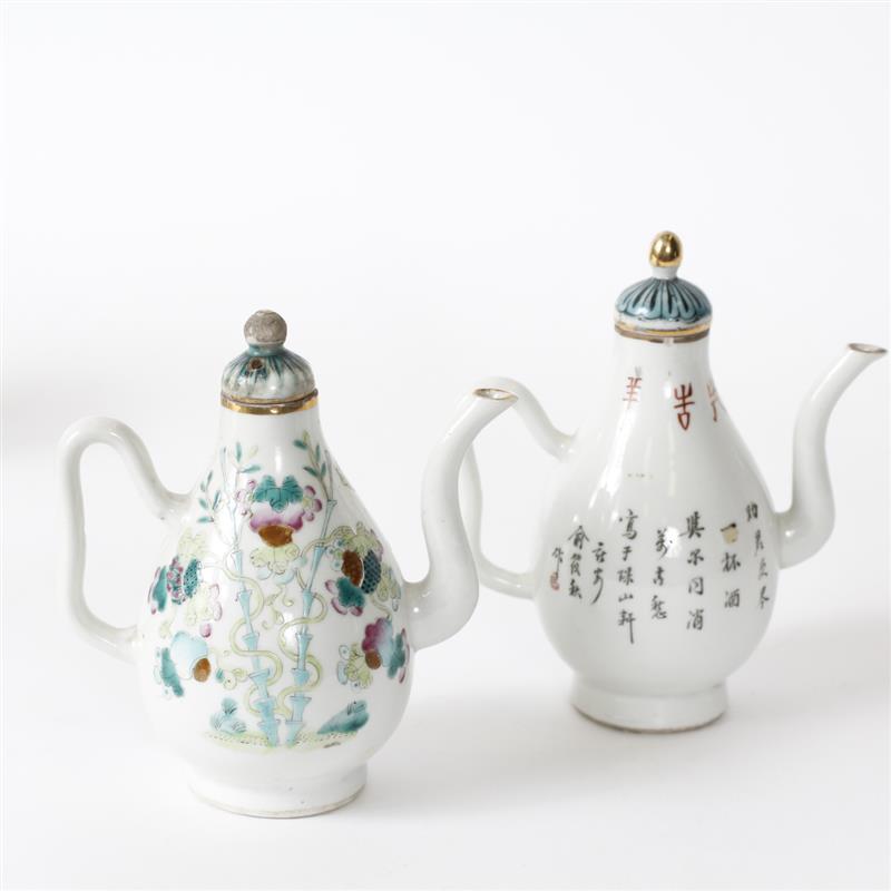 Appraisal: Two Antique Chinese Porcelain Famille Rose hand-painted teapots H x