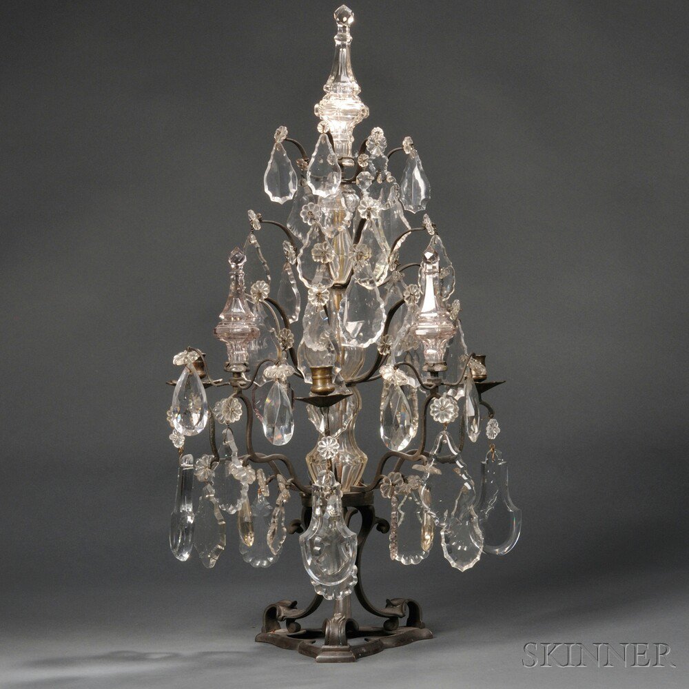 Appraisal: Single Bronze and Cut Glass Three-light Candelabrum th century scrolled