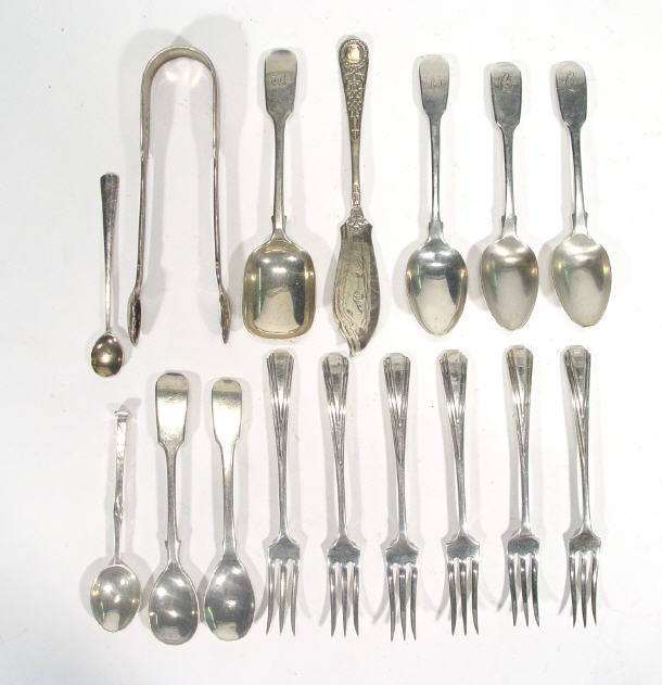 Appraisal: Mixed selection of silver teaspoons pair of silver sugar tongs