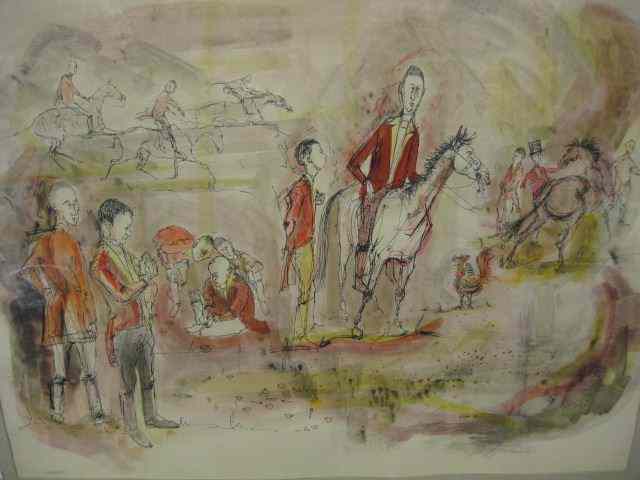 Appraisal: DeCamp Watercolor Fox Hunt Satirescenes signed and dated image area