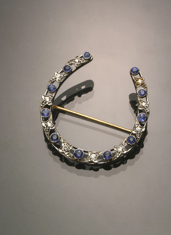 Appraisal: Art Deco Platinum Diamond and Blue Sapphire Horseshoe Brooch Circa