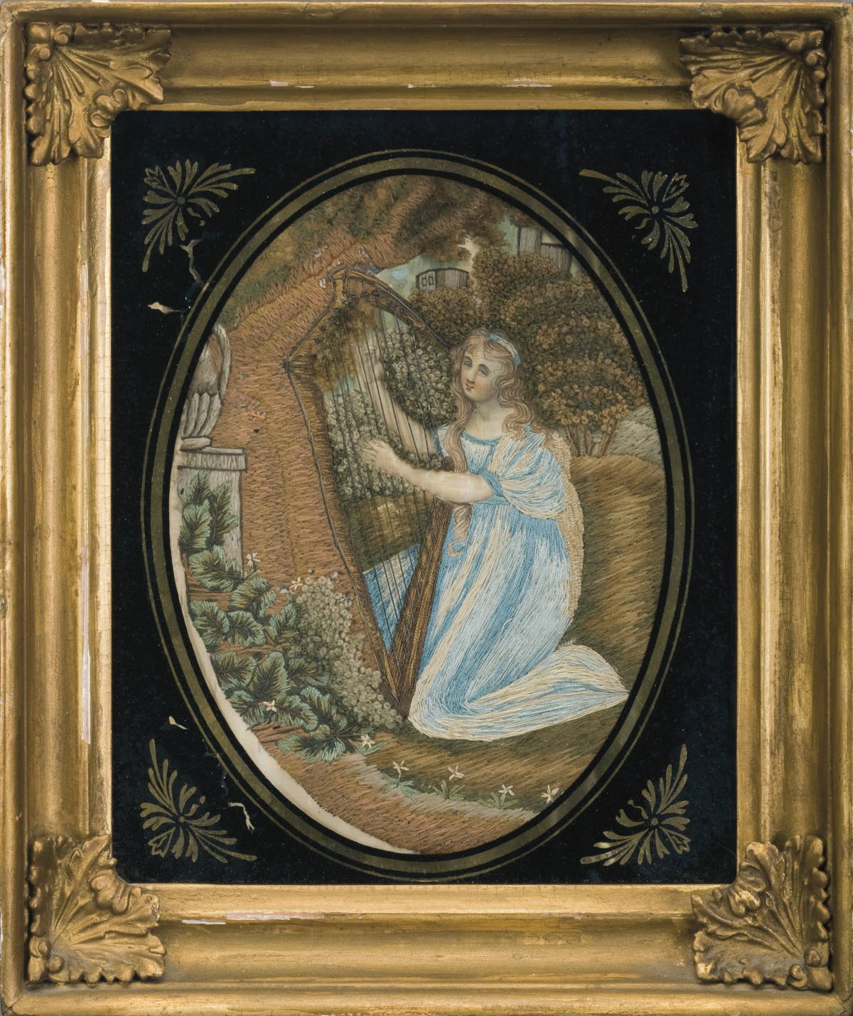 Appraisal: ENGLISH NEEDLEWORK OF A WOMAN PLAYING A HARP IN A