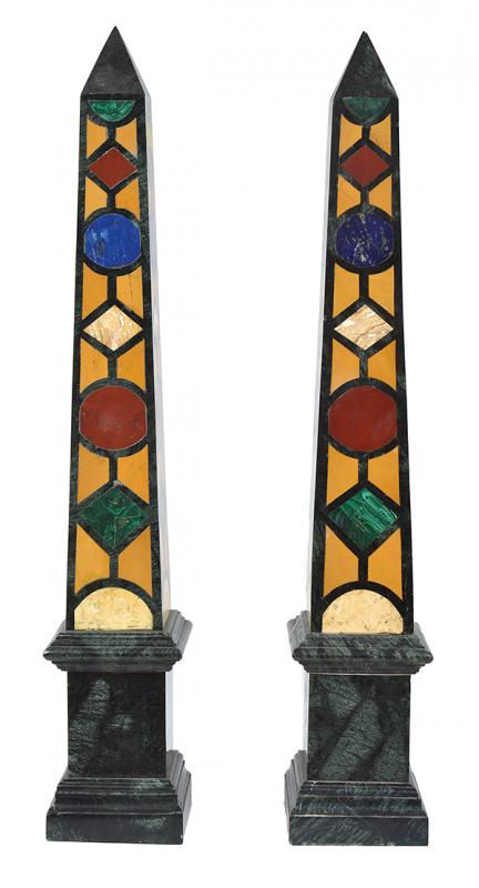 Appraisal: A MATCHED PAIR OF MARBLE SPECIMEN INLAID OBELISKS each tapering