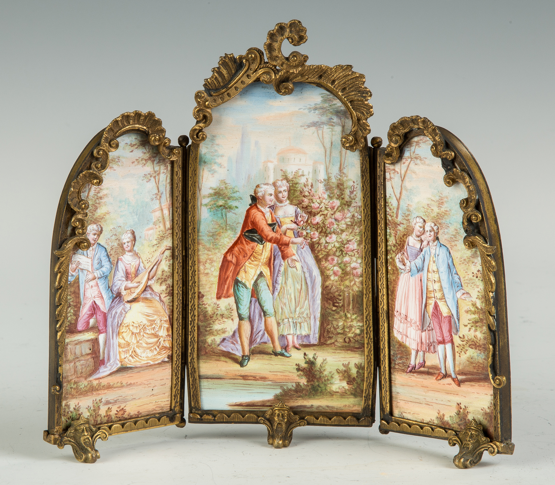 Appraisal: French Enameled Miniature Screen with Courting Couples and Figures Enamel