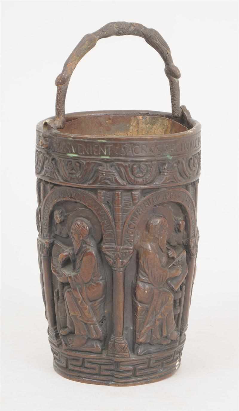 Appraisal: ROMANESQUE STYLE RELIEF BRONZE SITULA With five arched niches enclosing