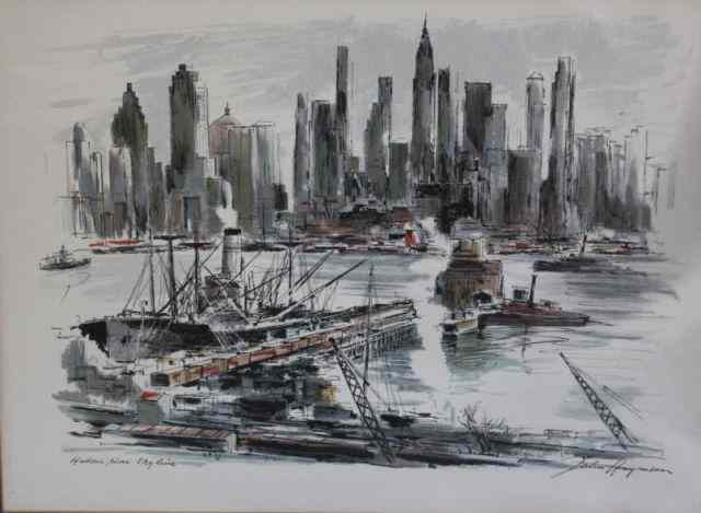 Appraisal: HAYMSON John Lithograph NYC Skyline Harbor From a warehouse storage