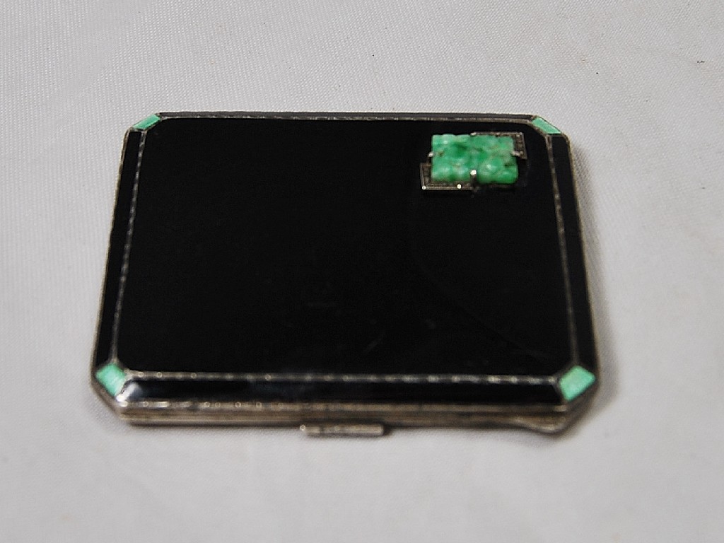 Appraisal: Art Deco silver cigarette case black enamel front with green