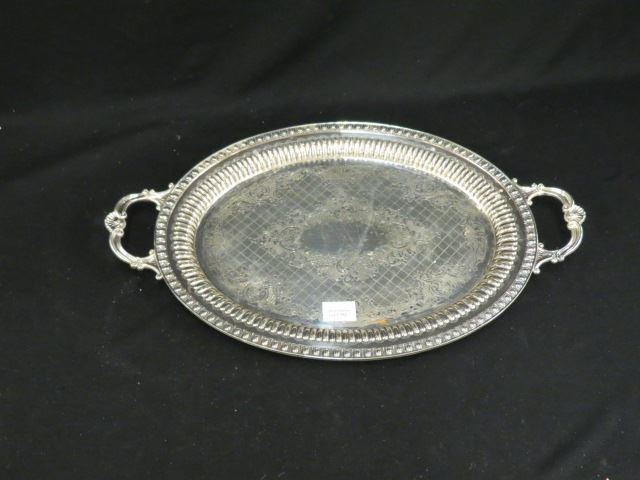 Appraisal: Wallace Silverplate Oval Serving Tray elaborate design x plus handles