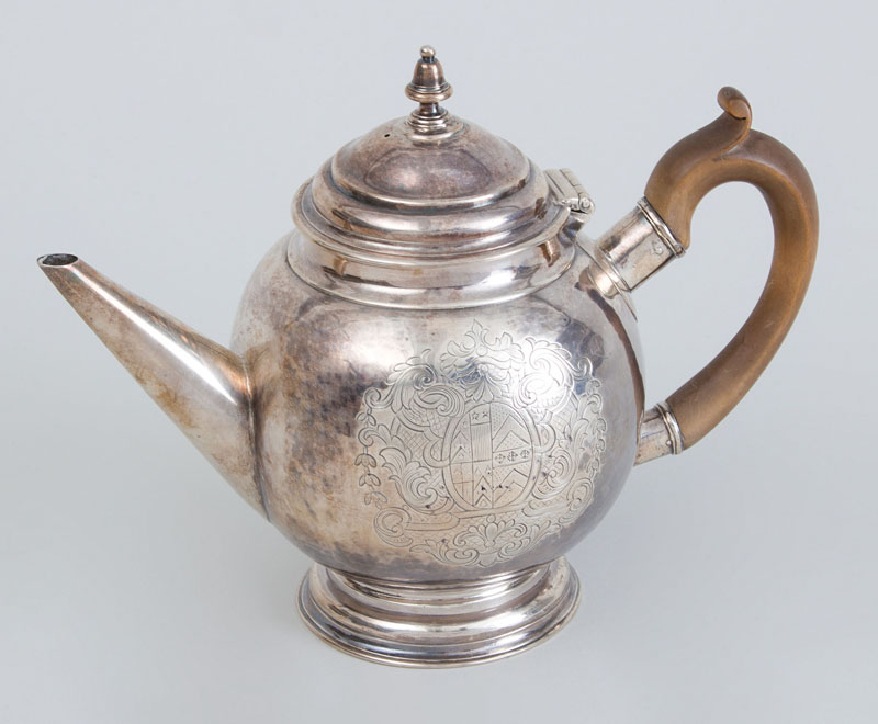 Appraisal: ENGLISH ARMORIAL SILVER BULLET-FORM TEAPOT POSSIBLY QUEEN ANNE Marks rubbed