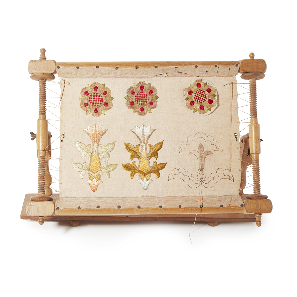 Appraisal: ARTS CRAFTS EMBROIDERY FRAME WITH SILK AND GOLDWORK MOTIFS ON