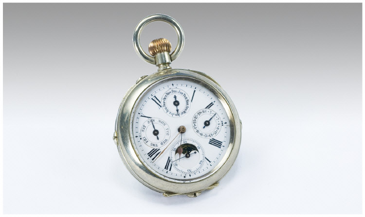 Appraisal: Moon Phase Calendar Pocket Watch Open Faced White Enamel Dial