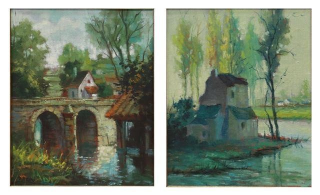 Appraisal: lot of Framed oil on canvas paintings including Stone Bridge