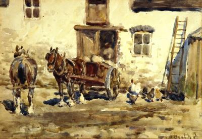 Appraisal: JAMES WILLIAM BOOTH Farmyard with Horses and Chickens signed and