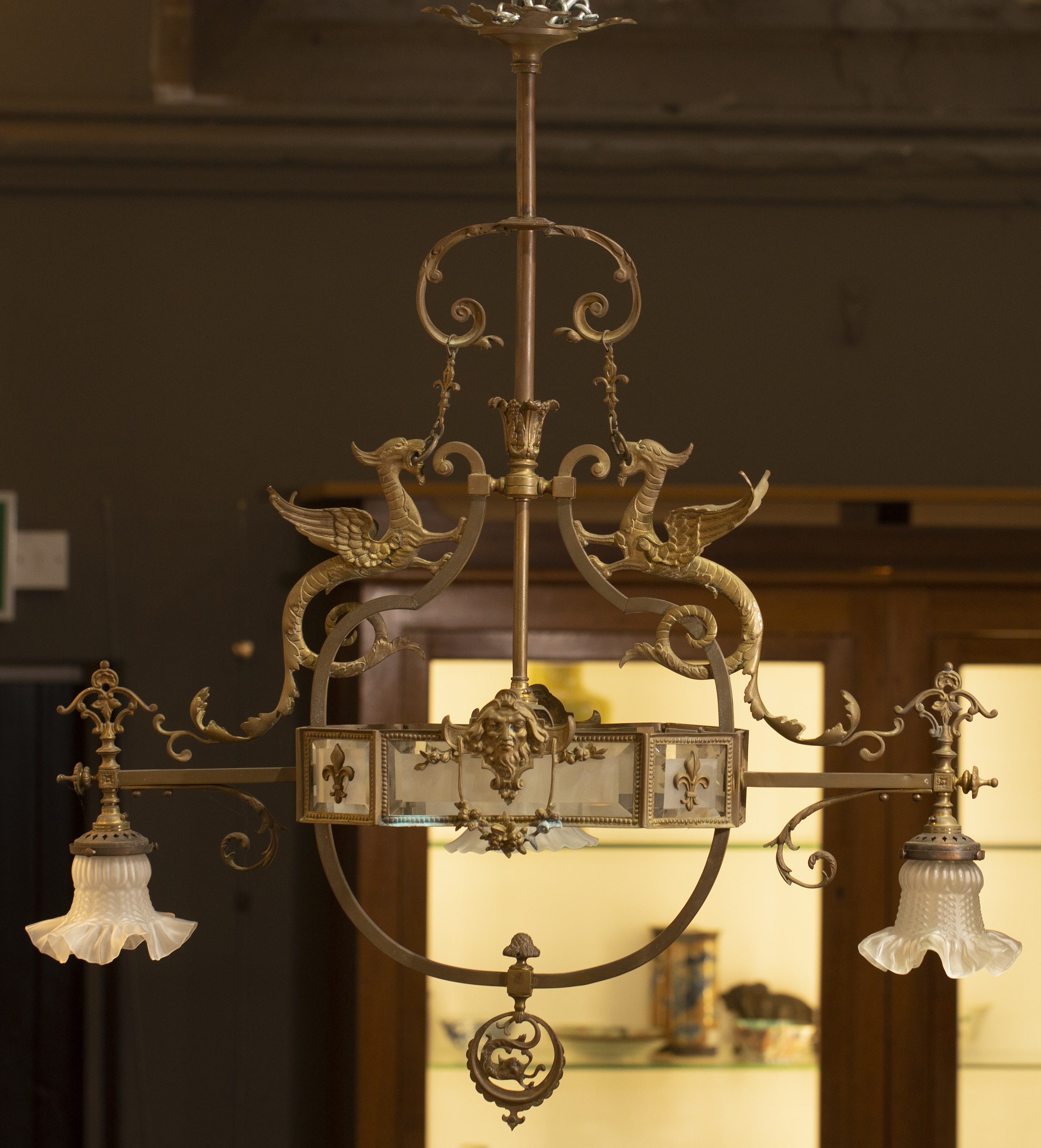 Appraisal: Pendant three branch ceiling lightearly th Century bronzed brass and