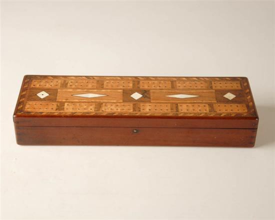 Appraisal: A th C Marquetried Mahogany Cribbage Box the top and