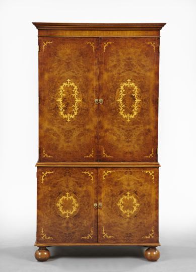 Appraisal: English Mahogany and Burl Walnut Cabinet the molded cornice above