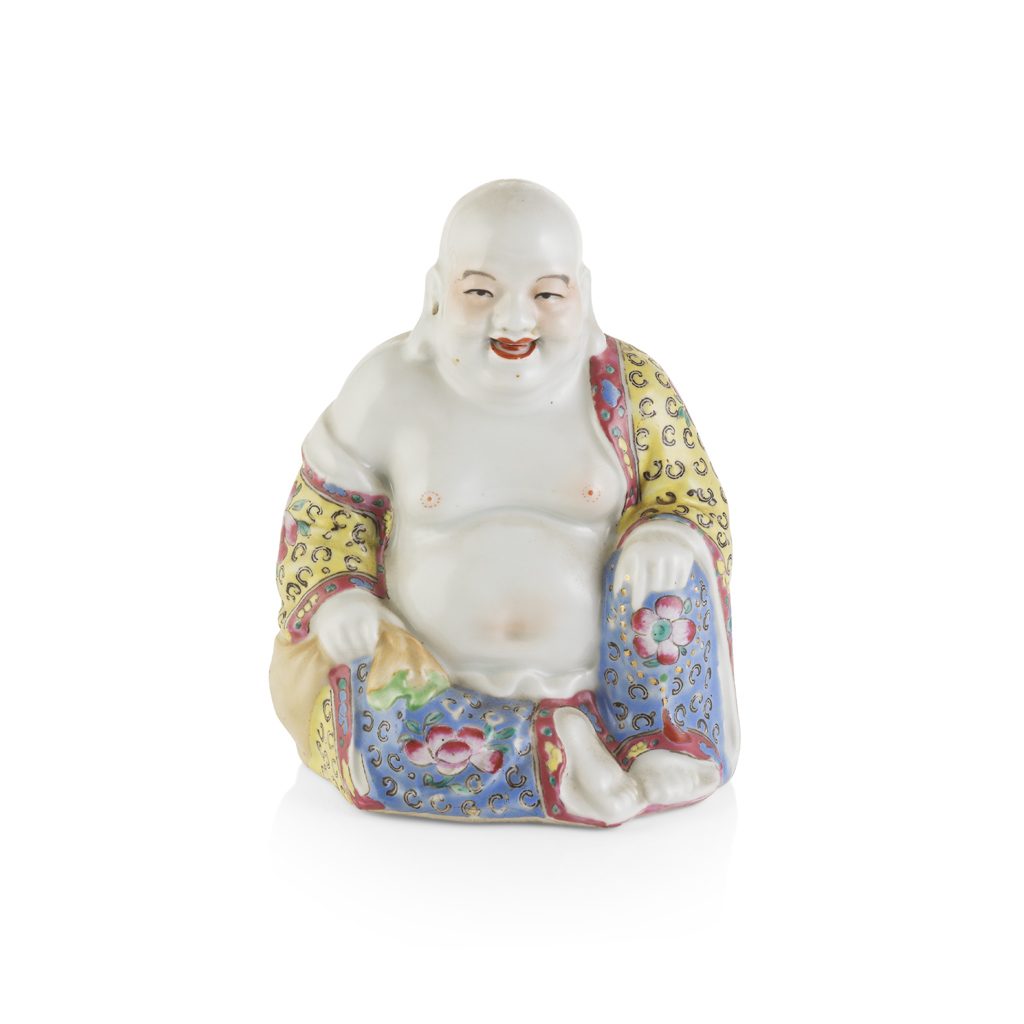 Appraisal: FAMILLE ROSE FIGURE OF SEATED BUDAI REPUBLIC PERIOD the Laughing