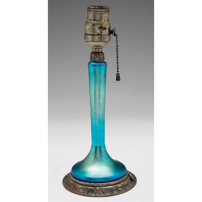 Appraisal: Roycroft lamp base acid etched copper with a blue glass