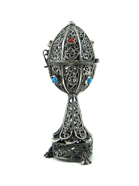 Appraisal: RUSSIAN SILVER Imperial Russian silver filigree egg-form scent box opens