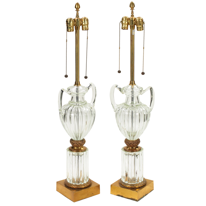 Appraisal: Seguso glass lamps pair clearglass urns with ribbed bodies over