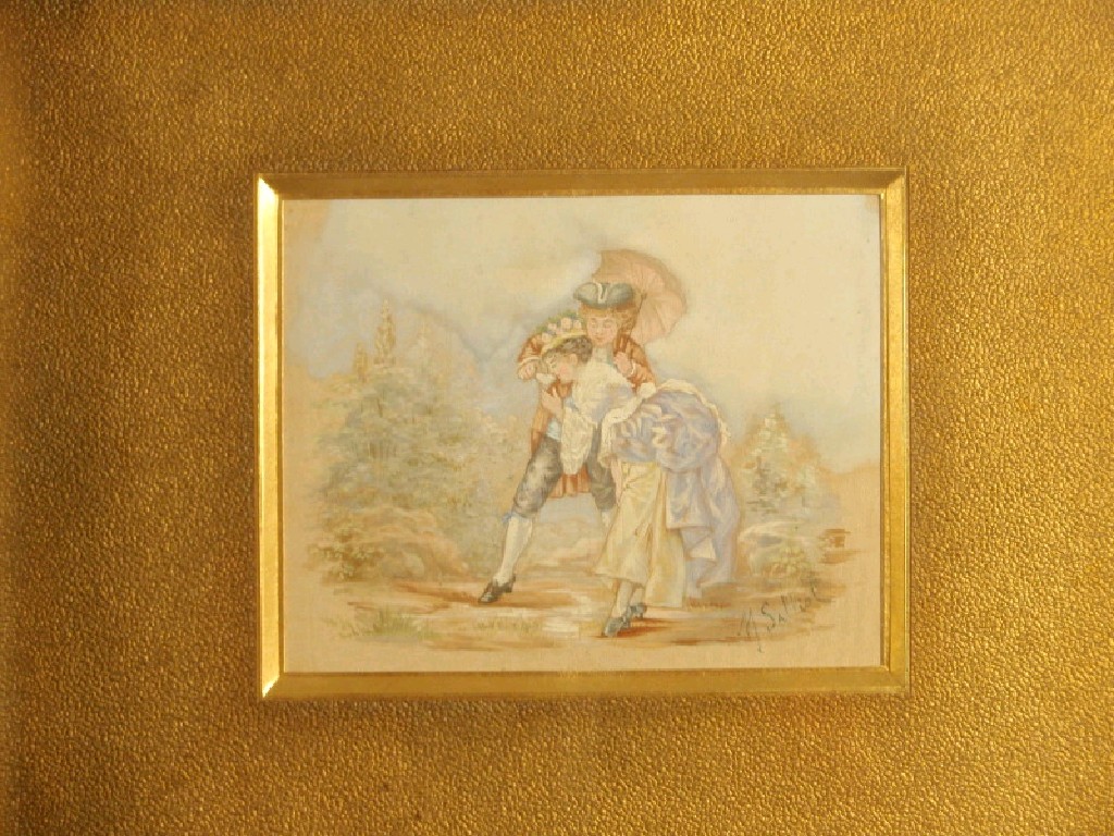 Appraisal: M Salliot A fate gallant scene watercolour on silk in