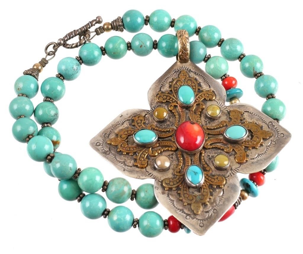 Appraisal: Contemporary mixed metal pendant with mounted cabochons on turquoise and