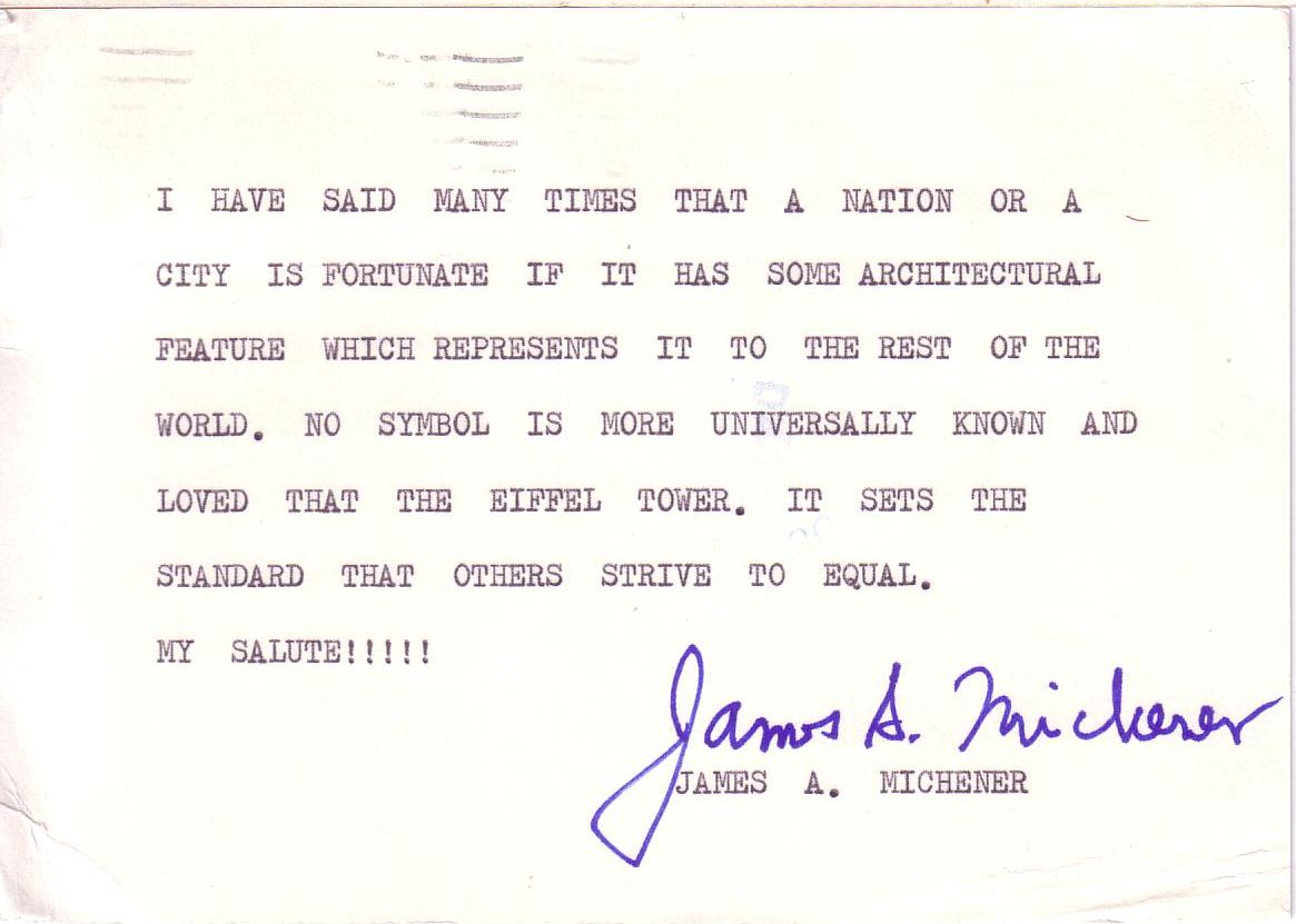 Appraisal: MICHENER JAMES A Typed Note Signed on a card in