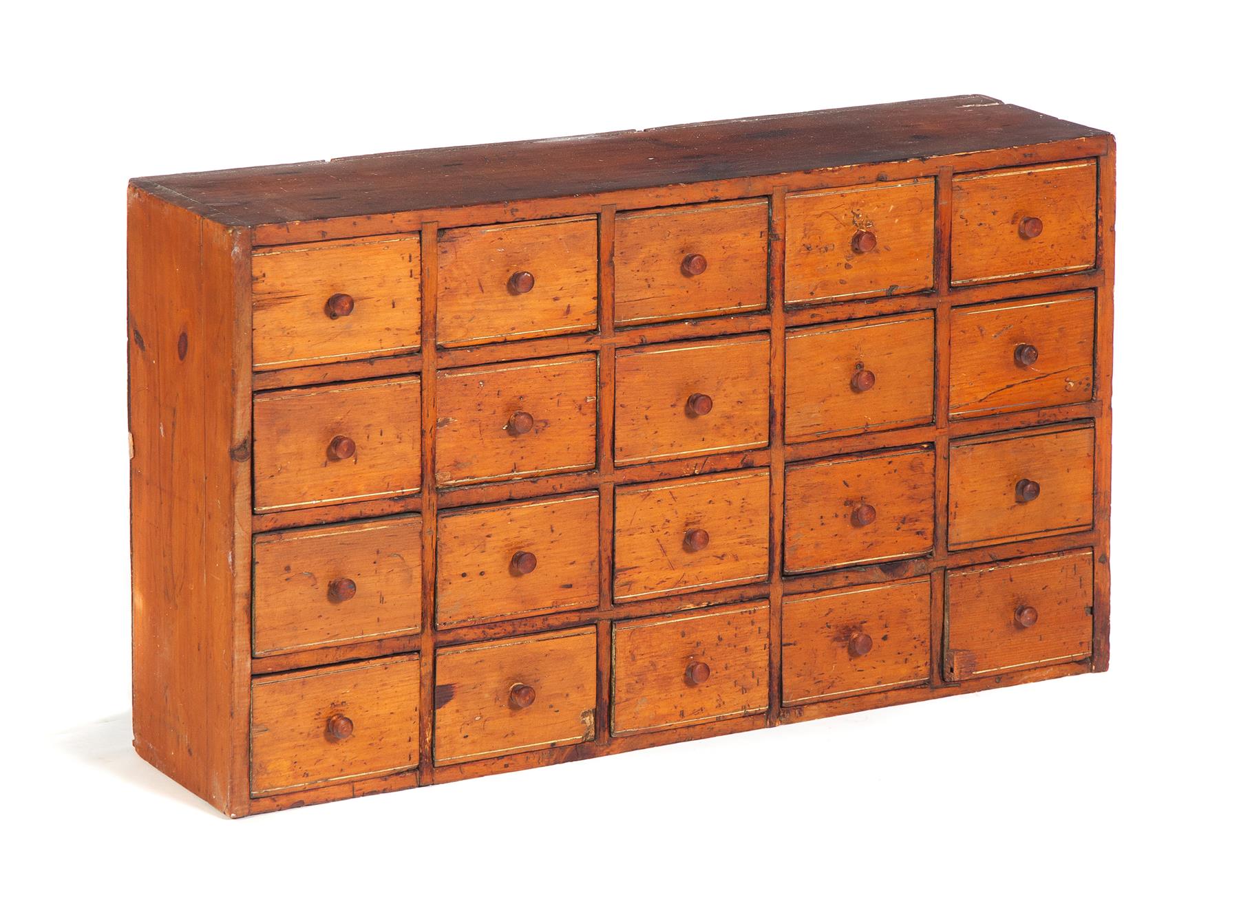 Appraisal: AMERICAN APOTHECARY Second half- th century pine Twenty nailed drawers