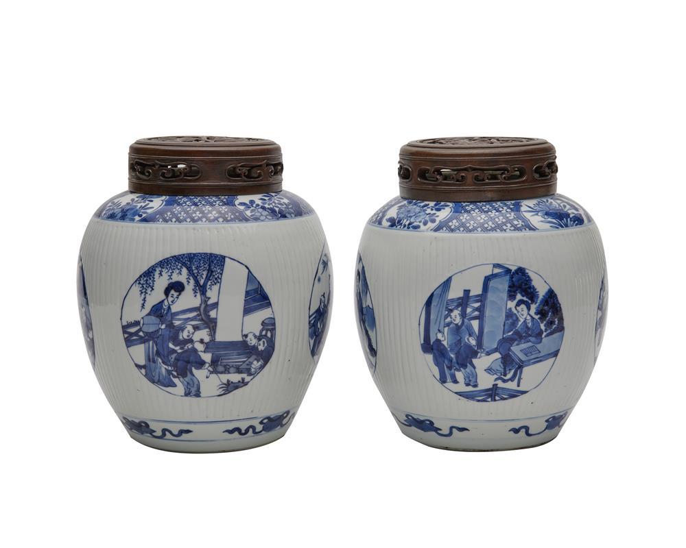 Appraisal: Pair of Chinese Blue and White Ribbed Ginger Jars the