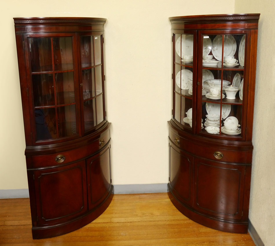 Appraisal: PAIR DREXEL TRAVIS COURT MAHOGANY CORNER CABINETS Bow front classical