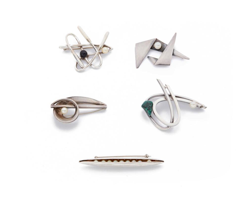 Appraisal: Five Antonio Pineda silver and cultured pearl abstract brooches Circa