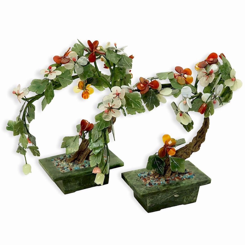 Appraisal: Pair of Chinese Ming Style Hardstone Jade Trees Pair of