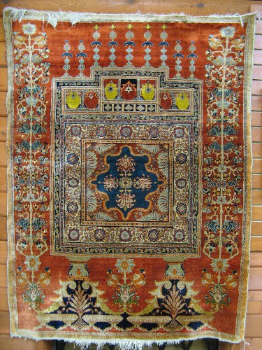 Appraisal: FINE ANTIQUE PERSIAN SILK TABRIZ PRAYER RUG western Iran late