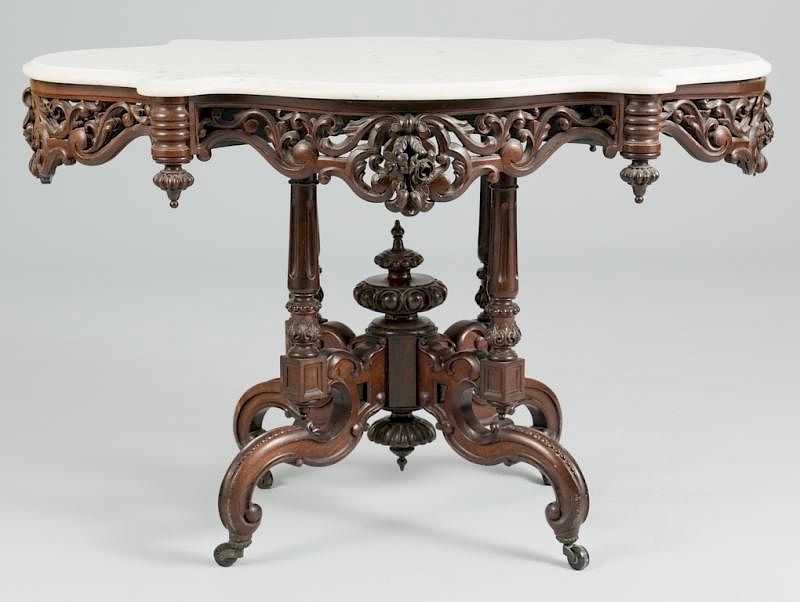 Appraisal: Marble Top Center Table att Meeks Victorian laminated carved rosewood