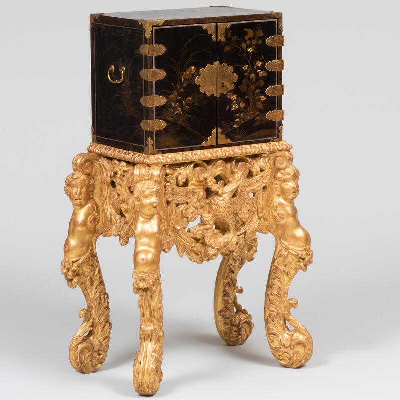 Appraisal: Chinese Black Lacquer and Mother-of-Pearl Cabinet on an Anglo-Dutch Giltwood