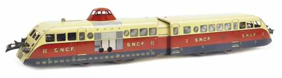 Appraisal: FRENCH HORNBY O GAUGE ELECTRIC SNCF TWO-CAR AUTORAIL red and