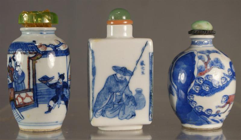 Appraisal: porcelain snuff bottles blue underglaze decoration fisherman figure with calligraphy