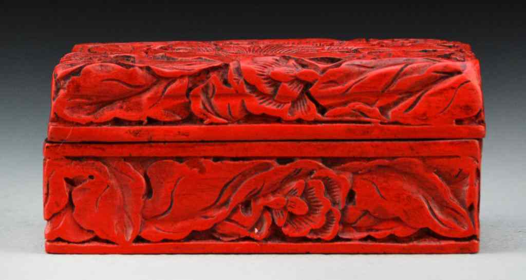 Appraisal: Chinese Cinnabar Style BoxFinely carved to depict lotus blossoms ''H