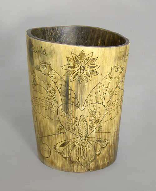 Appraisal: Engraved horn cup th c h