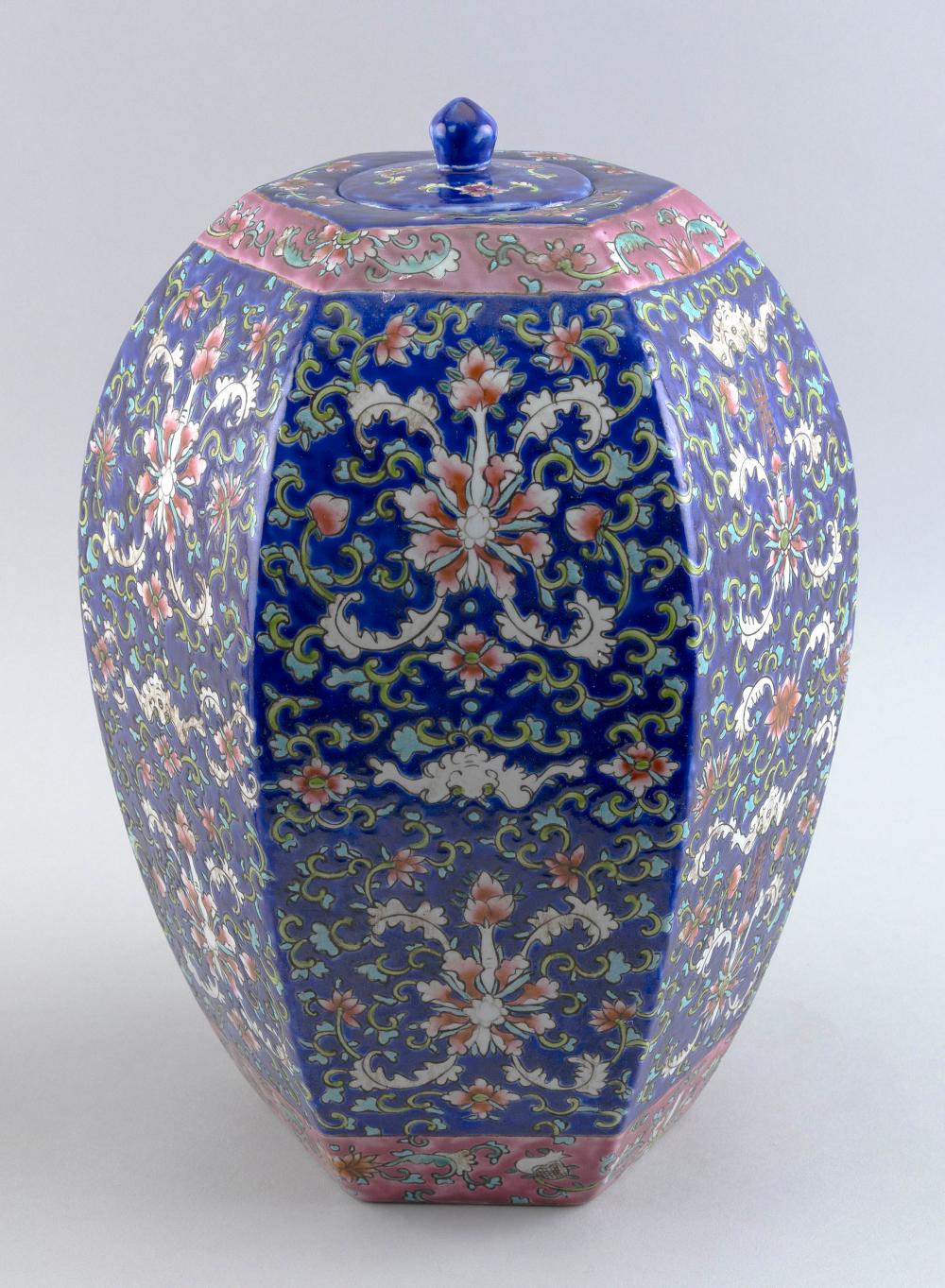 Appraisal: CHINESE FAMILLE ROSE PORCELAIN HEXAGONAL COVERED JAR EARLY TH CENTURY