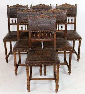 Appraisal: Set of French walnut side chairs with tooled leather Set