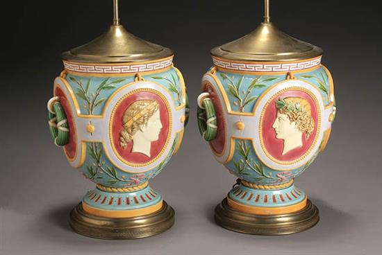 Appraisal: Pair of Minton Majolica Allegorical Urns Third Quarter th Century