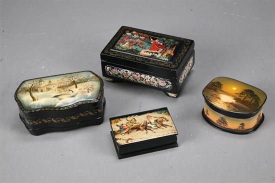 Appraisal: FOUR RUSSIAN LACQUER BOXES Two with mother of pearl inlay