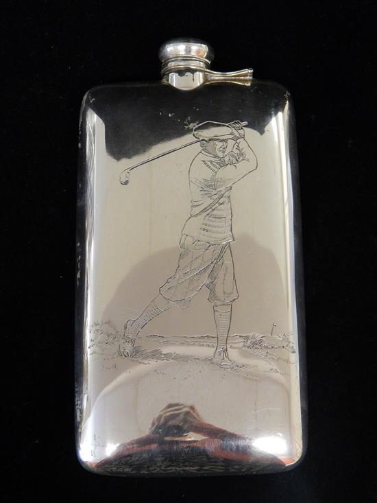 Appraisal: STERLING SILVER Large flask with golf motif hinged cap marked