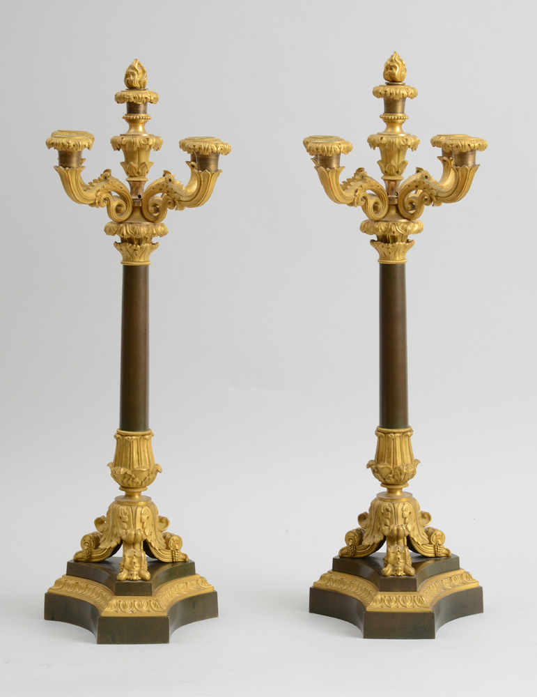 Appraisal: PAIR OF EMPIRE STYLE GILT AND PATINATED BRONZE COLUMN-FORM FIVE-LIGHT