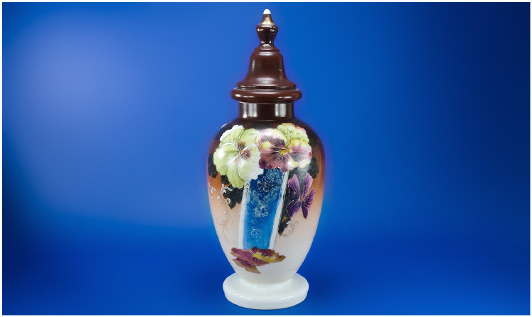 Appraisal: Opaline Glass Vase And Cover Painted Floral Decoration Height Inches