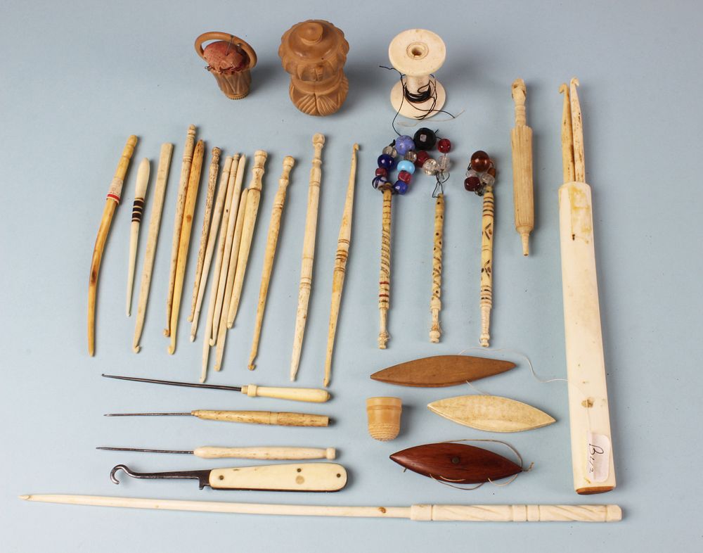 Appraisal: Assortment of Thirty Mostly Whalebone Implements for Sewing Knitting and