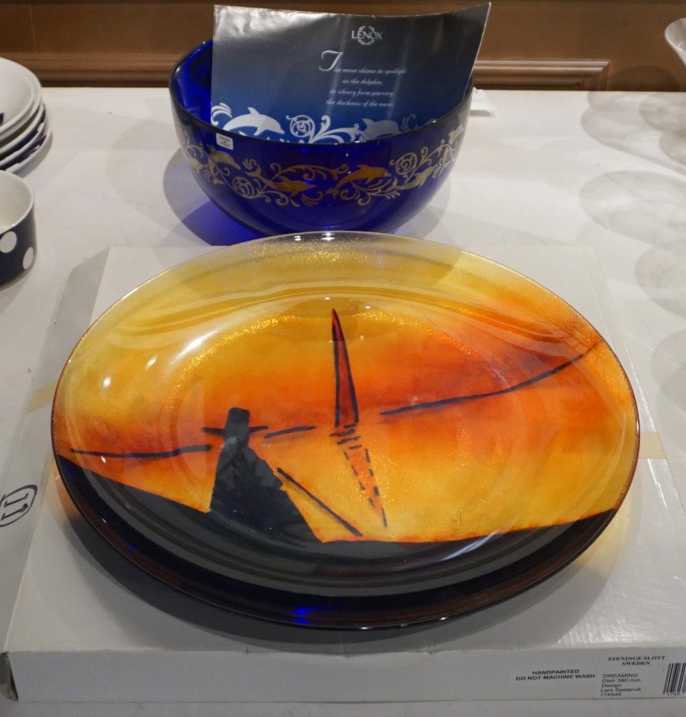 Appraisal: Contemporary Glass Platter and an Italian Cobalt Glass Bowl