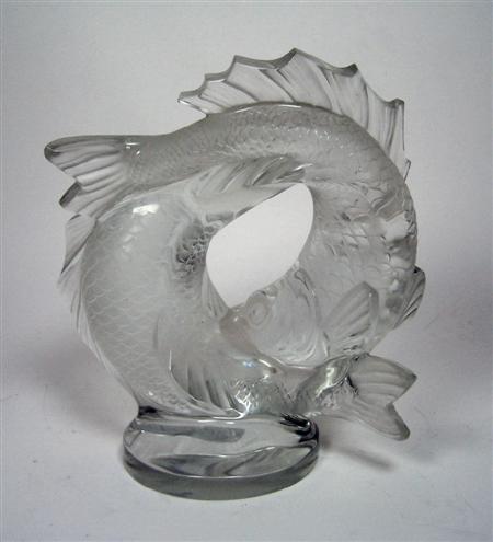 Appraisal: LALIQUE DEUX POISSONS POST frosted and clear glass figure group