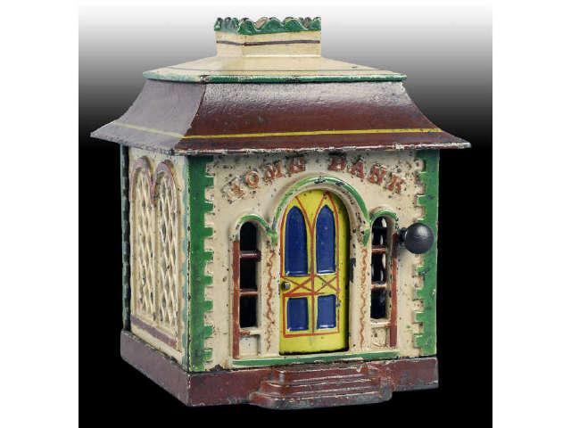 Appraisal: Cast Iron Home Mechanical Bank without Dormers Description Tan J